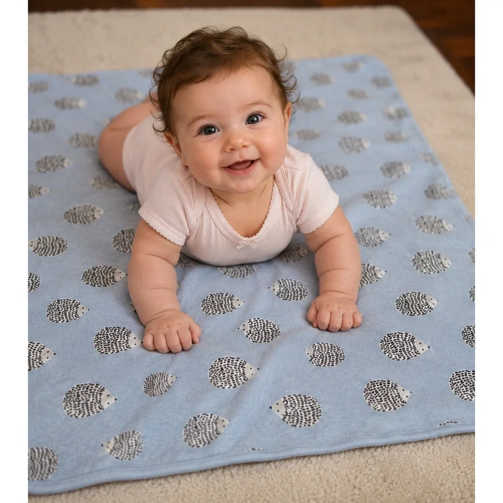 Tea Collection Blue Hedgehog Reversible Cotton Baby Blanket Striped 29x29